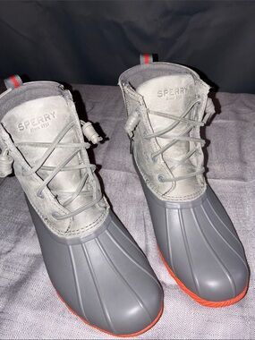 Sperry Gray Duck Boots with Orange Trim